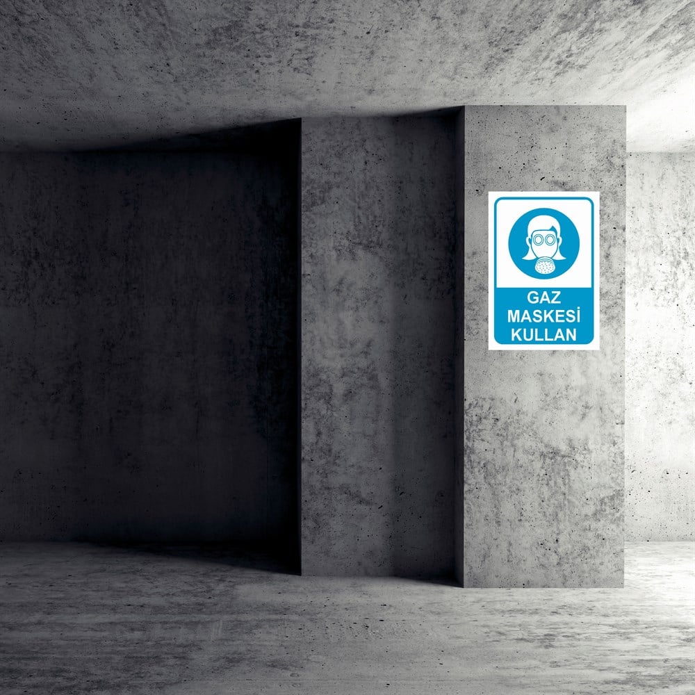 Toz - Gaz Maskesi Uyarı LevhalarıGAZ MASKESİ KULLAN KADIN FİGÜRLÜ İŞ GÜVENLİĞİ UYARI LEVHASI