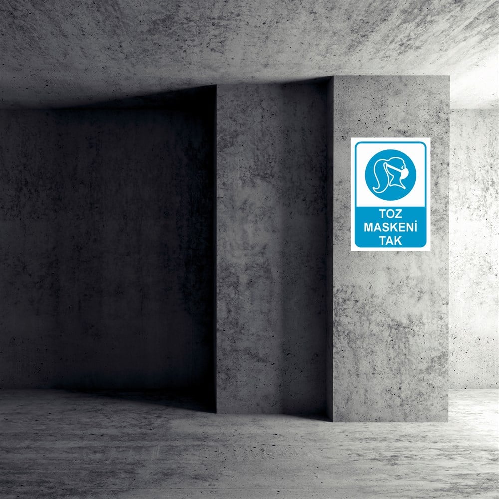 Toz - Gaz Maskesi Uyarı LevhalarıTOZ MASKENİ TAK KADIN FİGÜRLÜ İŞ GÜVENLİĞİ UYARI LEVHASI