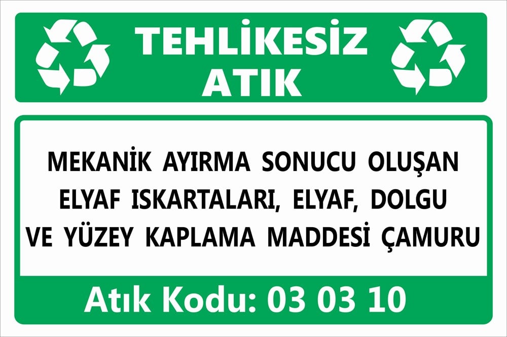 Tehlikeli AtıklarMEKANİK AYIRMA SONUCU OLUŞAN  ELYAF ISKARTALARI, ELYAF, DOLGU  VE YÜZEY KAPLAMA MADDESİ ÇAMURU