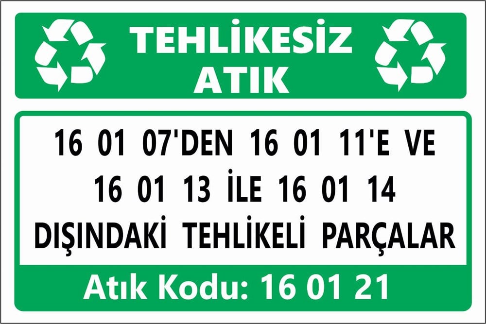 Atık Tabelaları16 01 07'DEN 16 01 11'E VE  16 01 13 İLE 16 01 14  DIŞINDAKİ TEHLİKELİ PARÇALAR