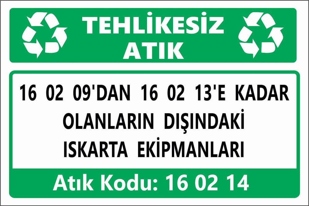 Atık Tabelaları16 02 09'DAN 16 02 13'E KADAR OLANLARIN DIŞINDAKİ  ISKARTA EKİPMANLARI