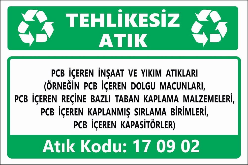 Atık TabelalarıPCB İÇEREN İNŞAAT VE YIKIM ATIKLARI (ÖRNEĞİN PCB İÇEREN DOLGU MACUNLARI, PCB İÇEREN REÇİNE BAZLI TABAN KAPLAMA MALZEMELERİ, PCB İÇEREN KAPLANMIŞ SIRLAMA BİRİMLERİ, PCB İÇEREN KAPASİTÖRLER)