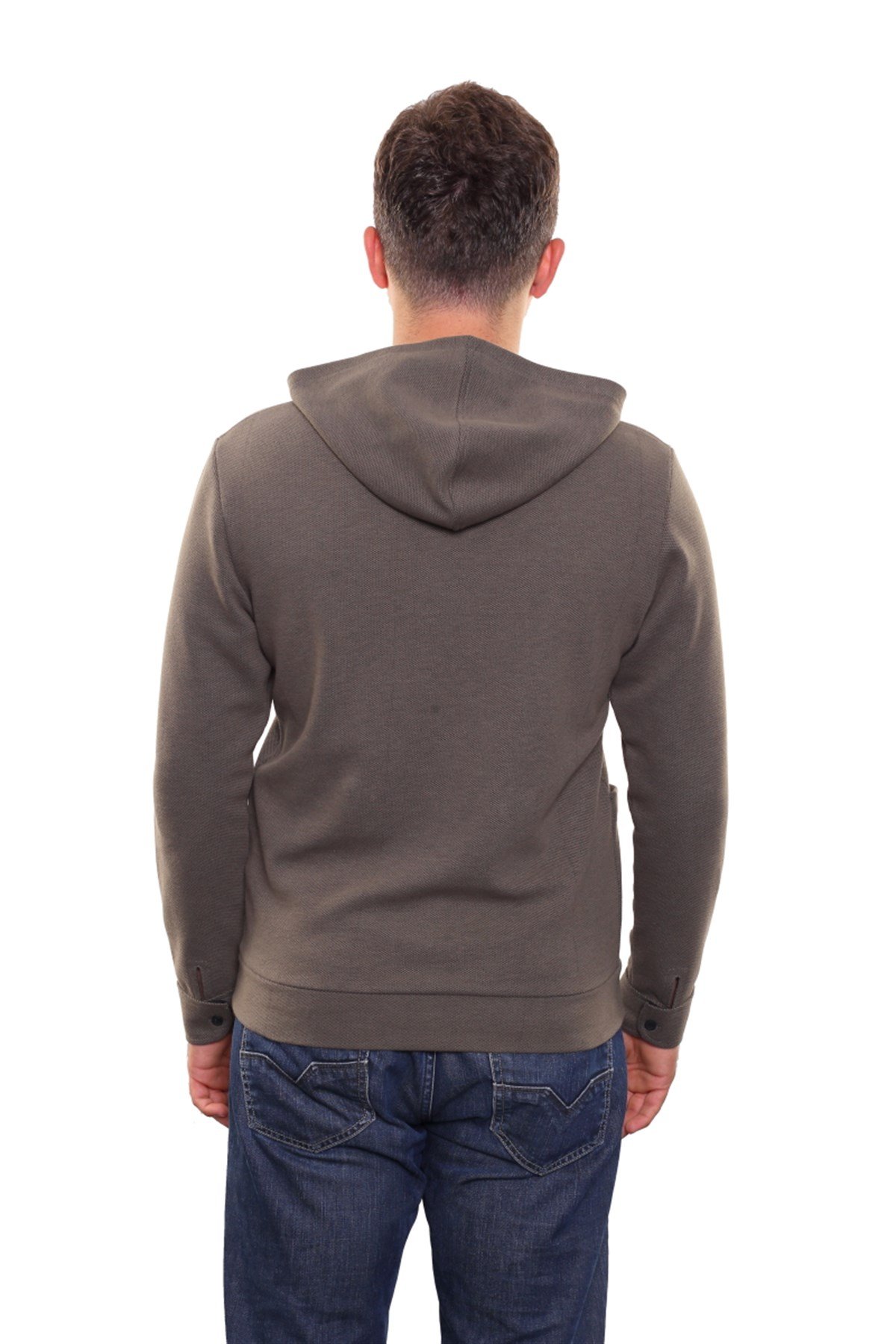 Yakası Düğmeli Kapüşonlu Sweatshirt 