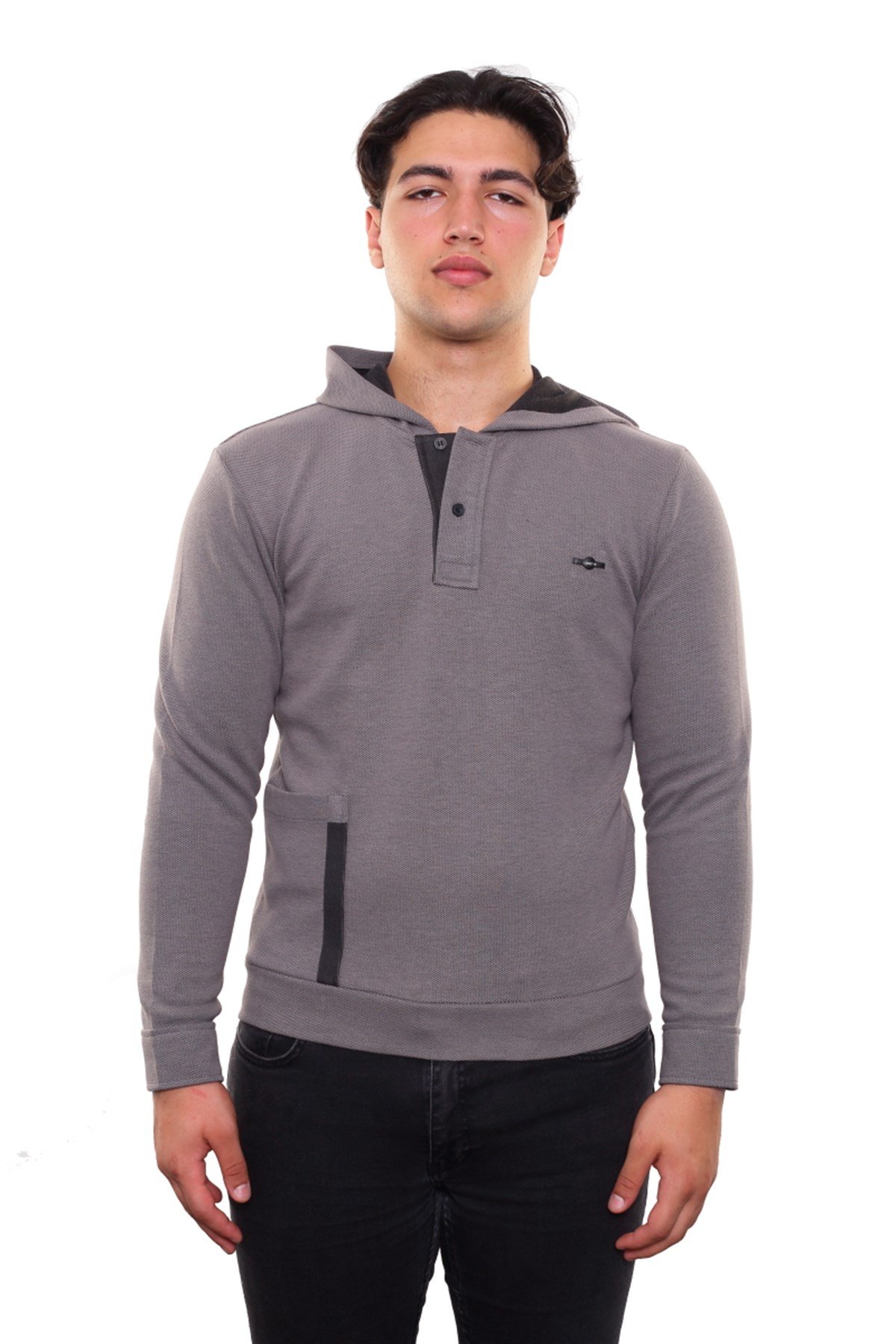Yakası Düğmeli Kapüşonlu Sweatshirt 