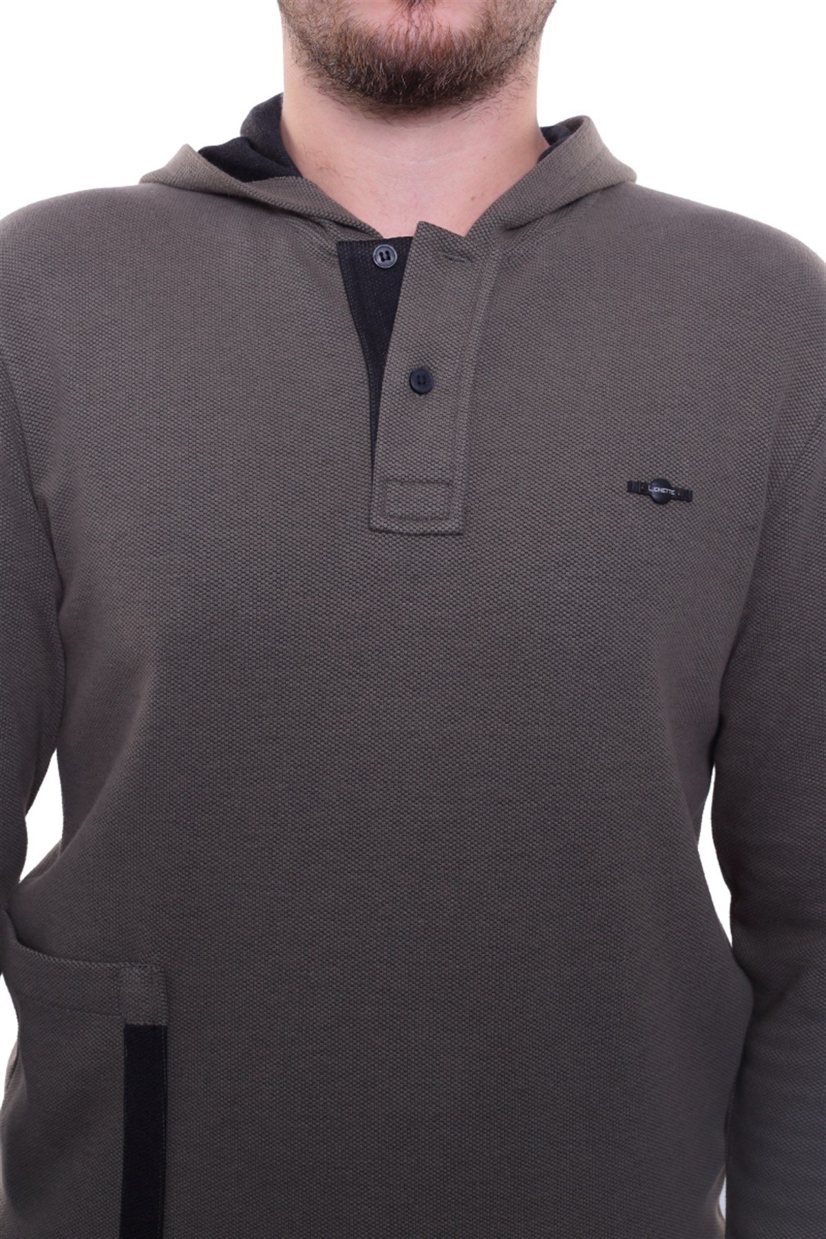 Yakası Düğmeli Kapüşonlu Sweatshirt 