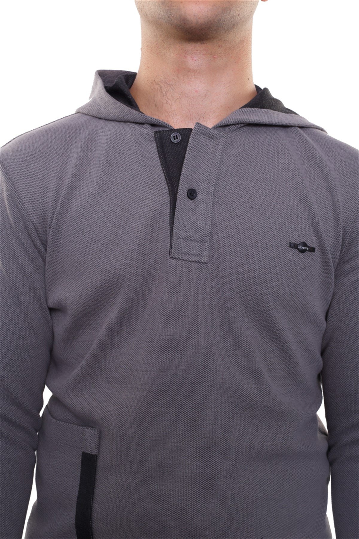 Yakası Düğmeli Kapüşonlu Sweatshirt 
