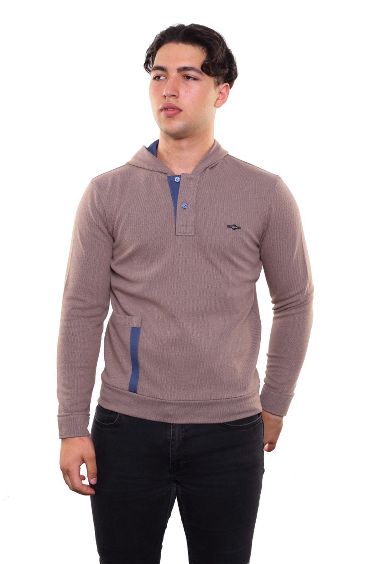 Yakası Düğmeli Kapüşonlu Sweatshirt 