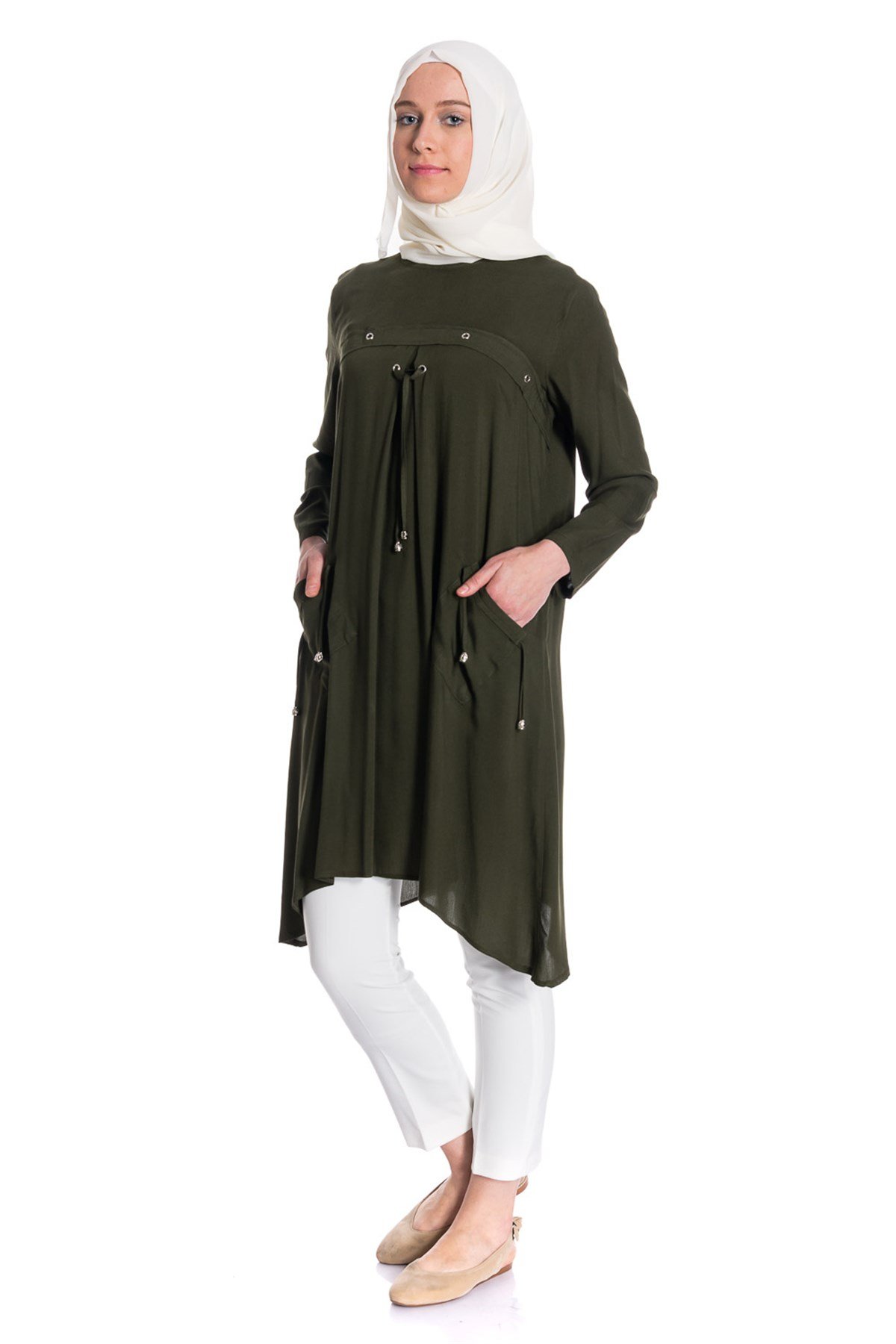 Bağcıklı Cepli Yeşil Tunik Tunik