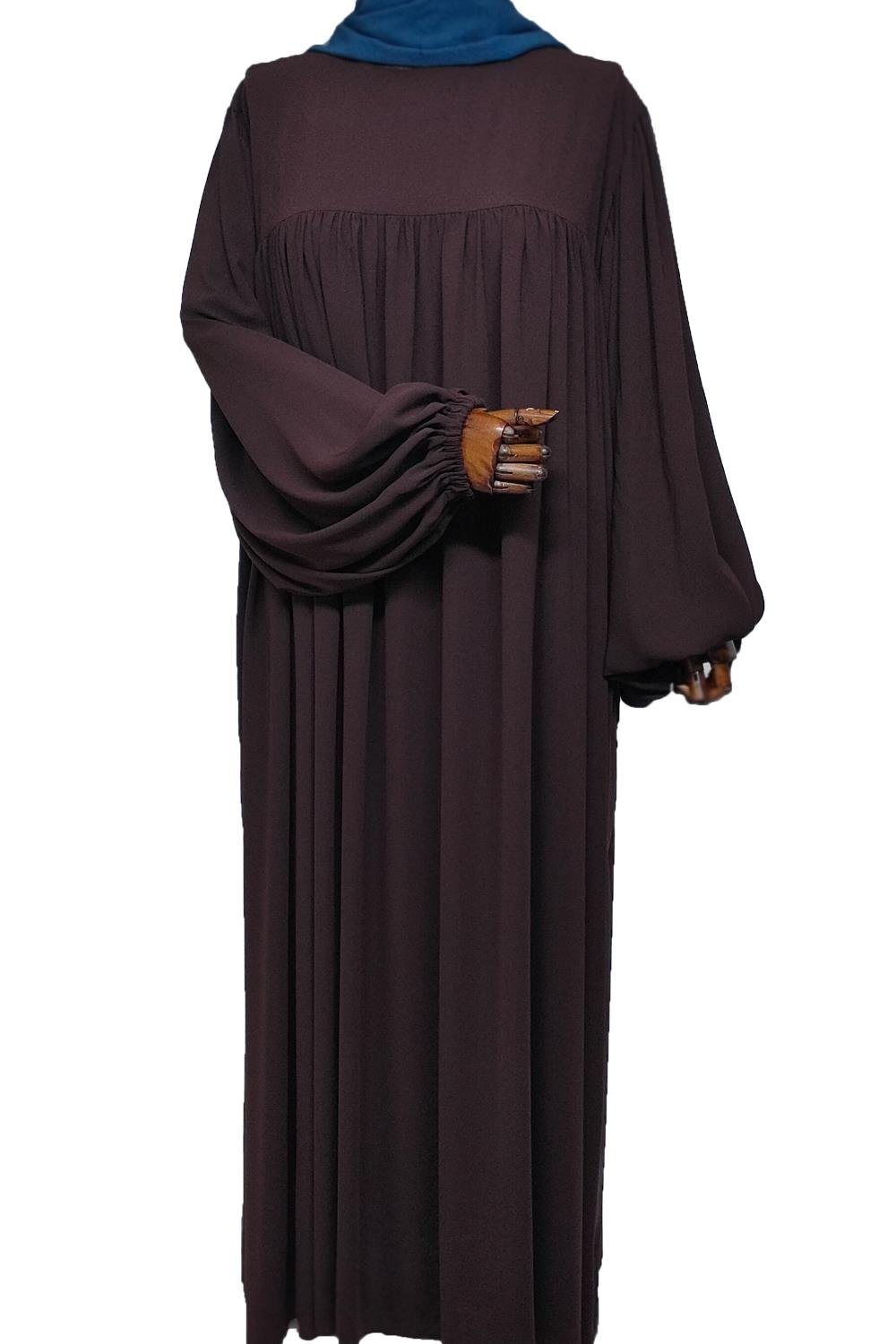 BALON KOL ELBİSE MEDİNE İPEĞİ - KAHVE  Elbise