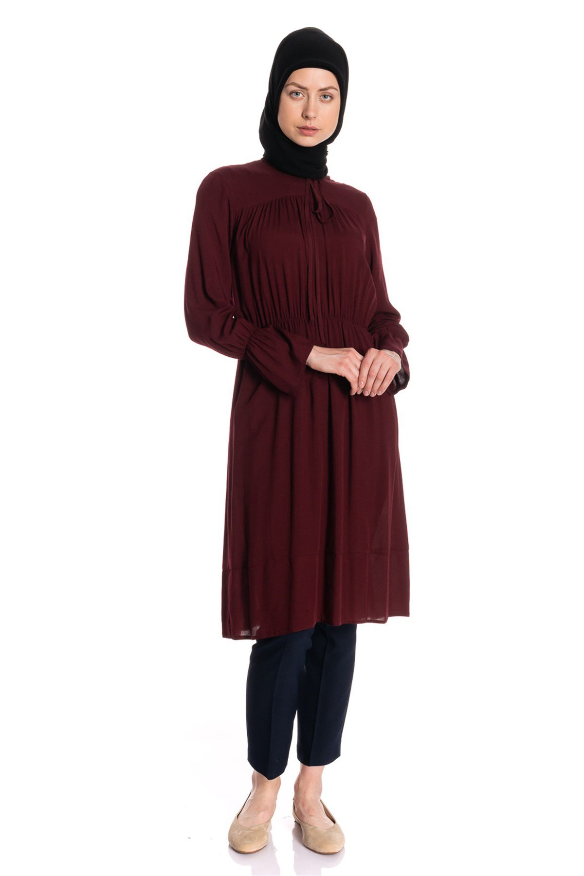 Beli Lastikli Bordo Tunik Elbise