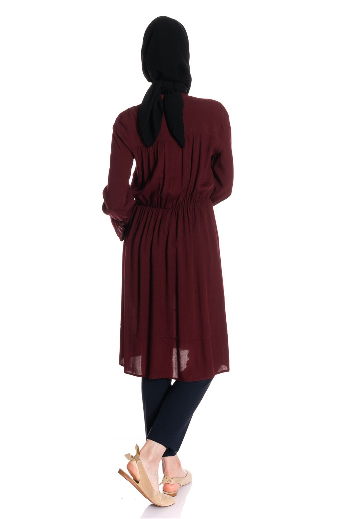 Beli Lastikli Bordo Tunik Elbise