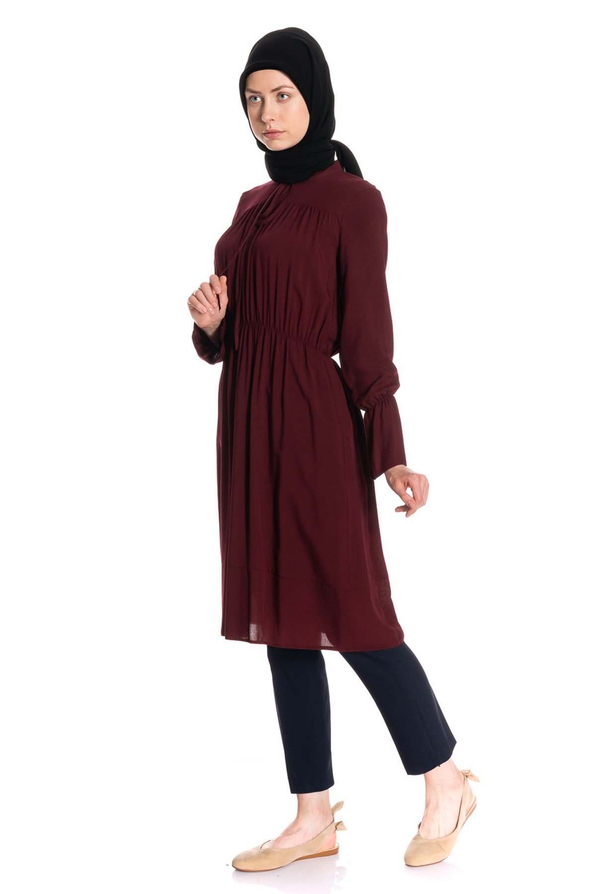 Beli Lastikli Bordo Tunik Elbise