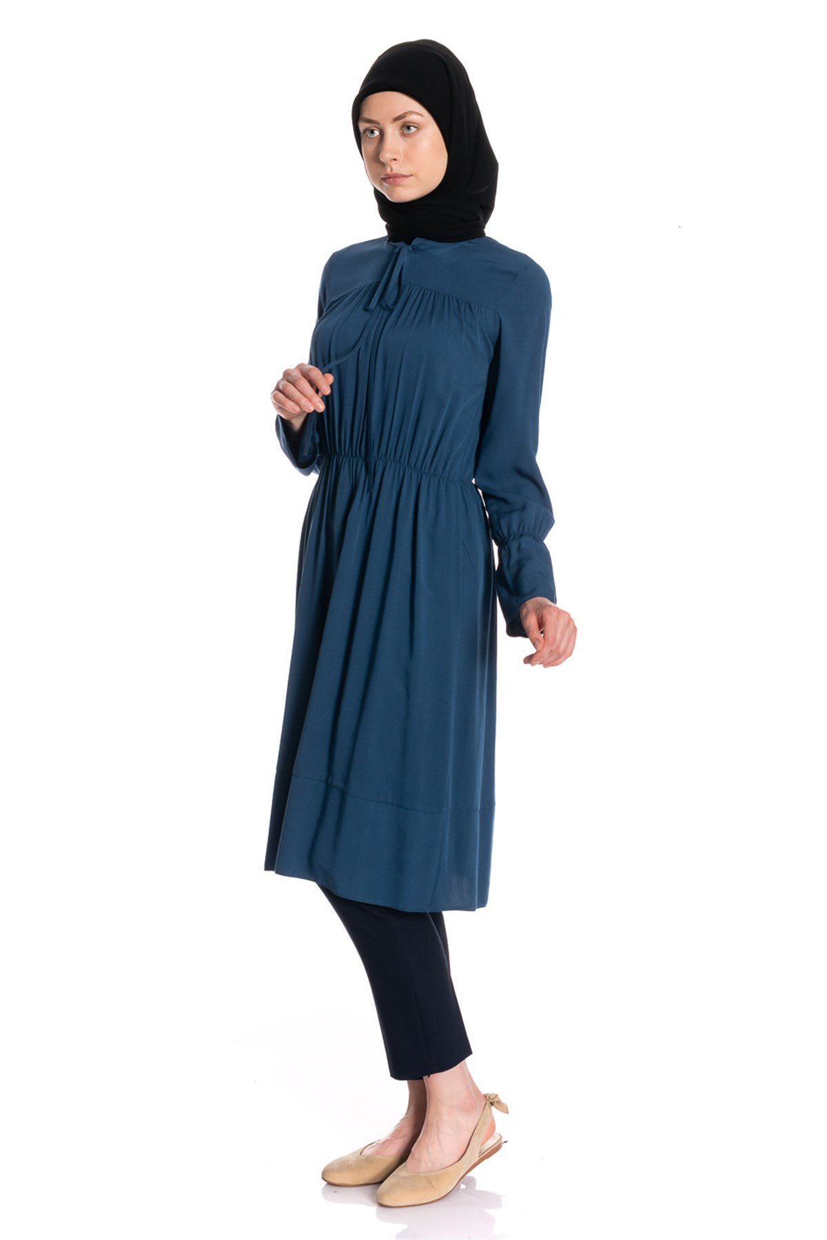 Beli Lastikli İndigo Tunik Elbise