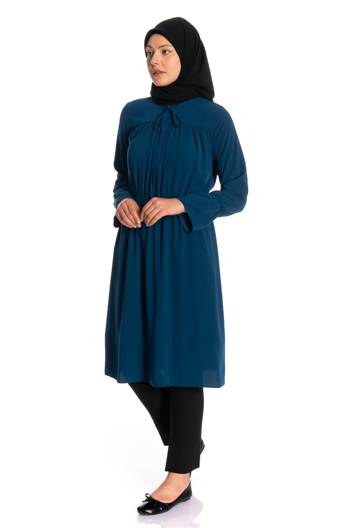 Beli Lastikli İpek İndigo Tunik Dresses