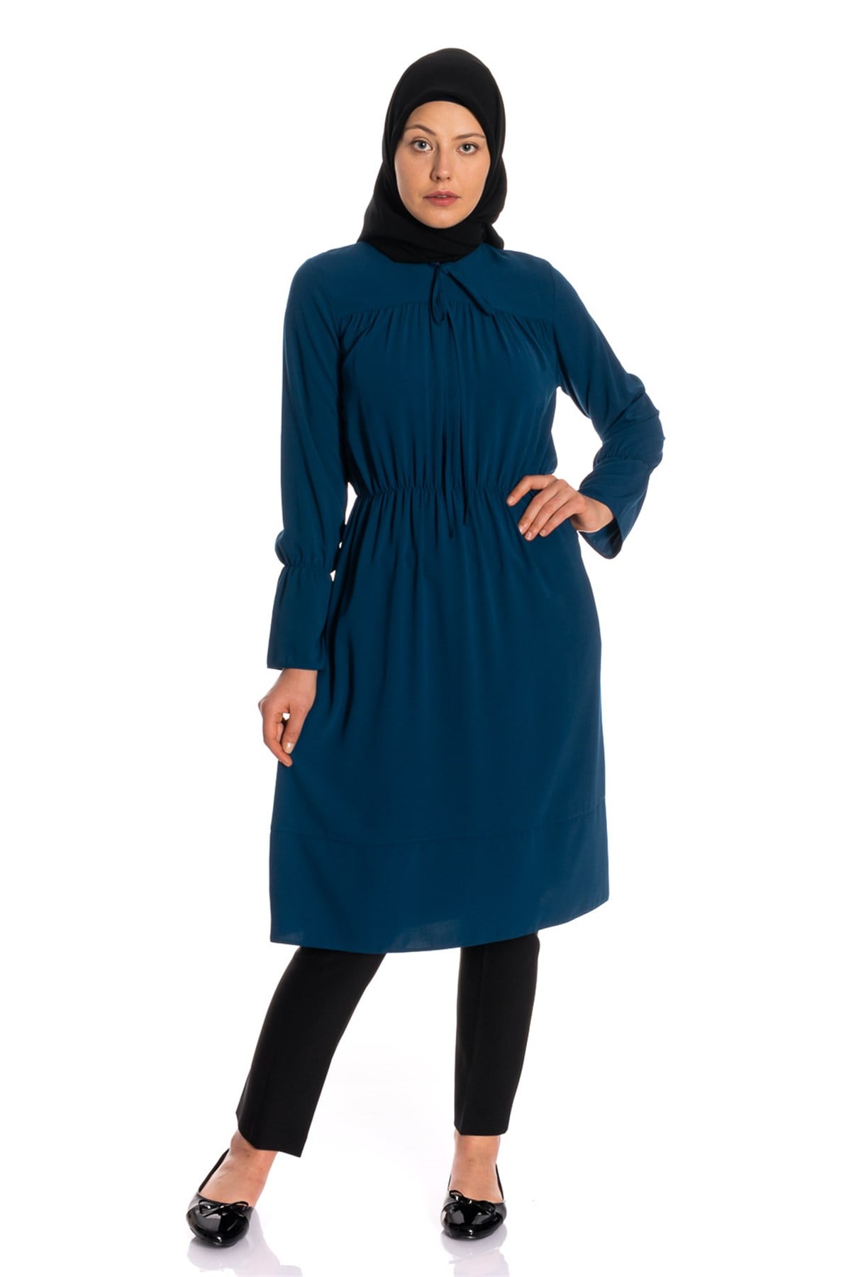Beli Lastikli İpek İndigo Tunik Dresses