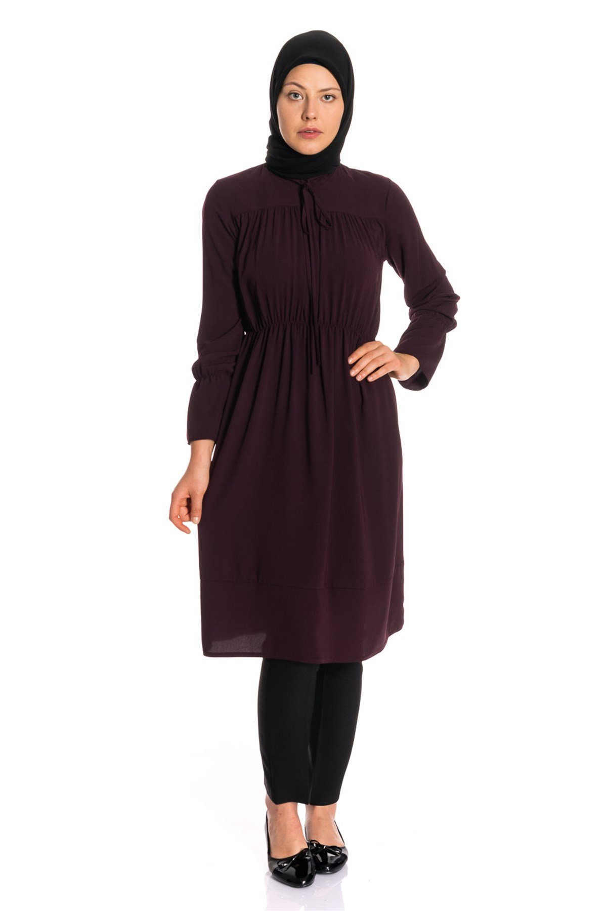 Beli Lastikli İpek Mürdüm Tunik Dresses