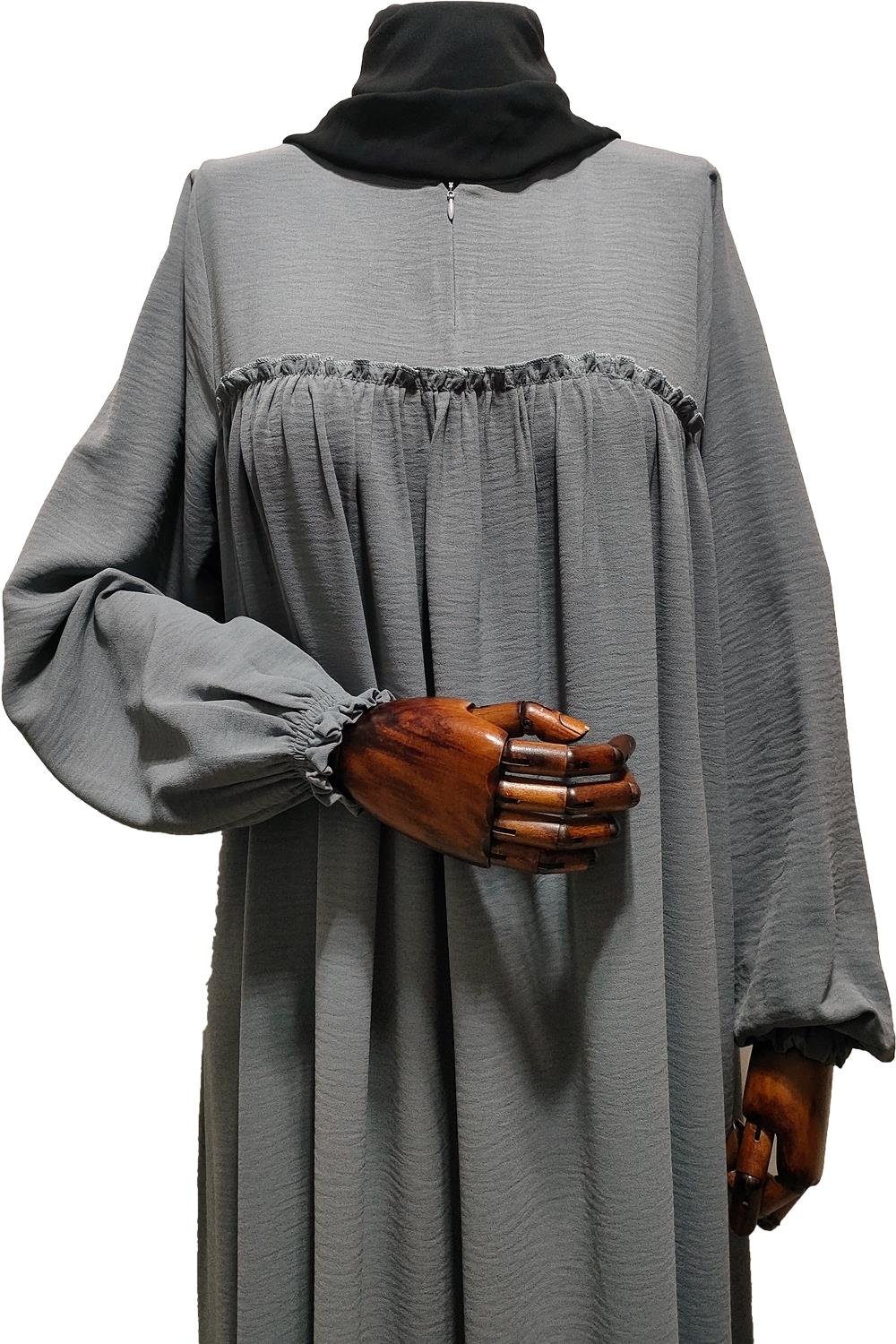 BÜZGÜ ROBALI ELBİSE -  GRİ Elbise