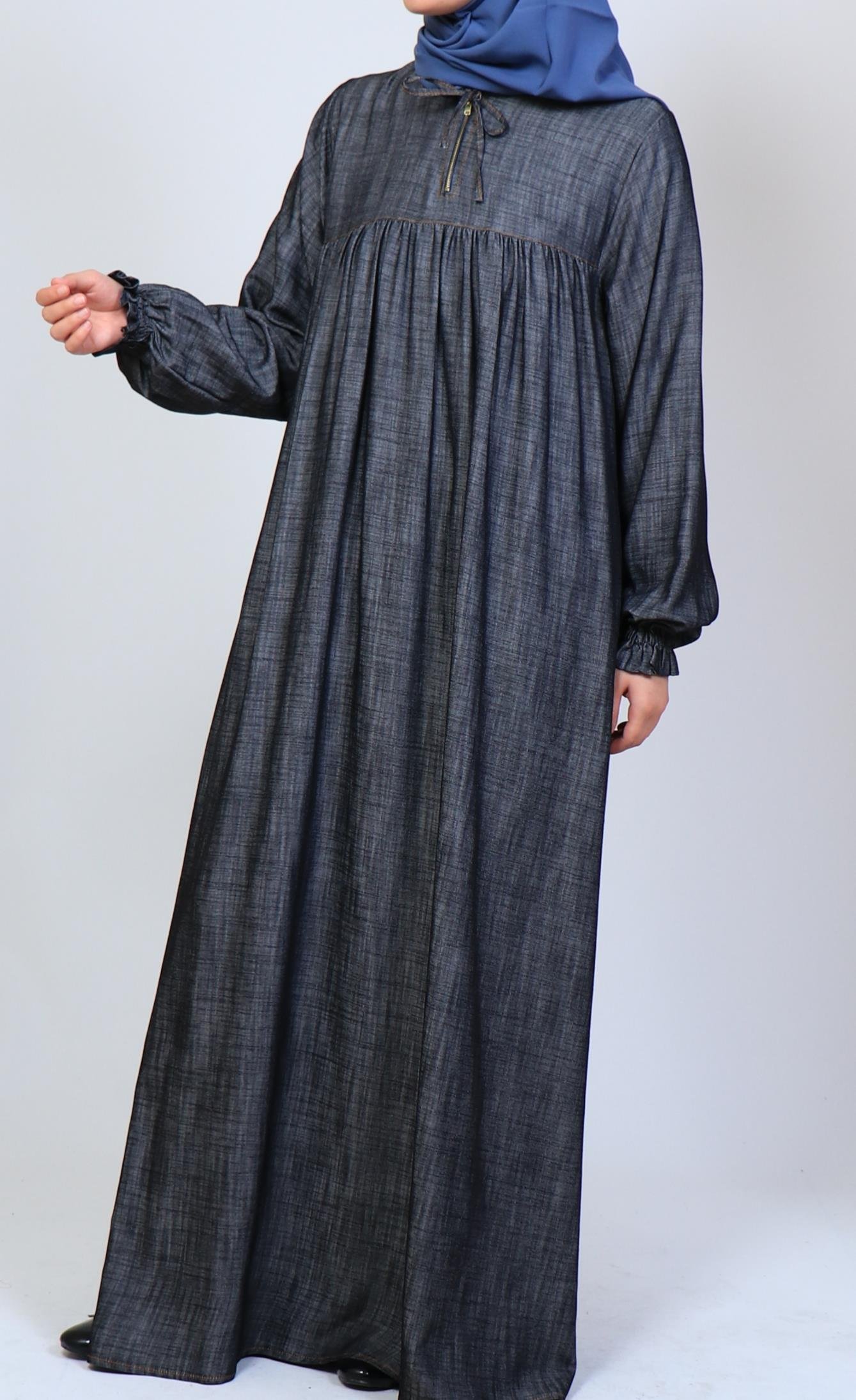 Büzgü Robalı Kot Elbise - Siyah Elbise