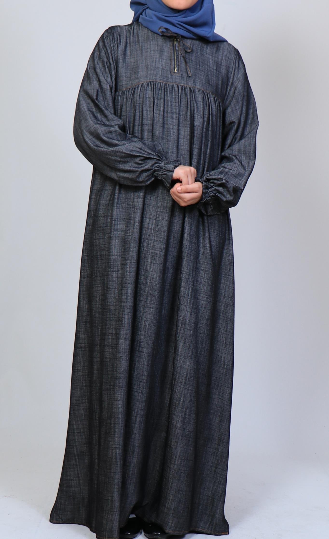 Büzgü Robalı Kot Elbise - Siyah Elbise