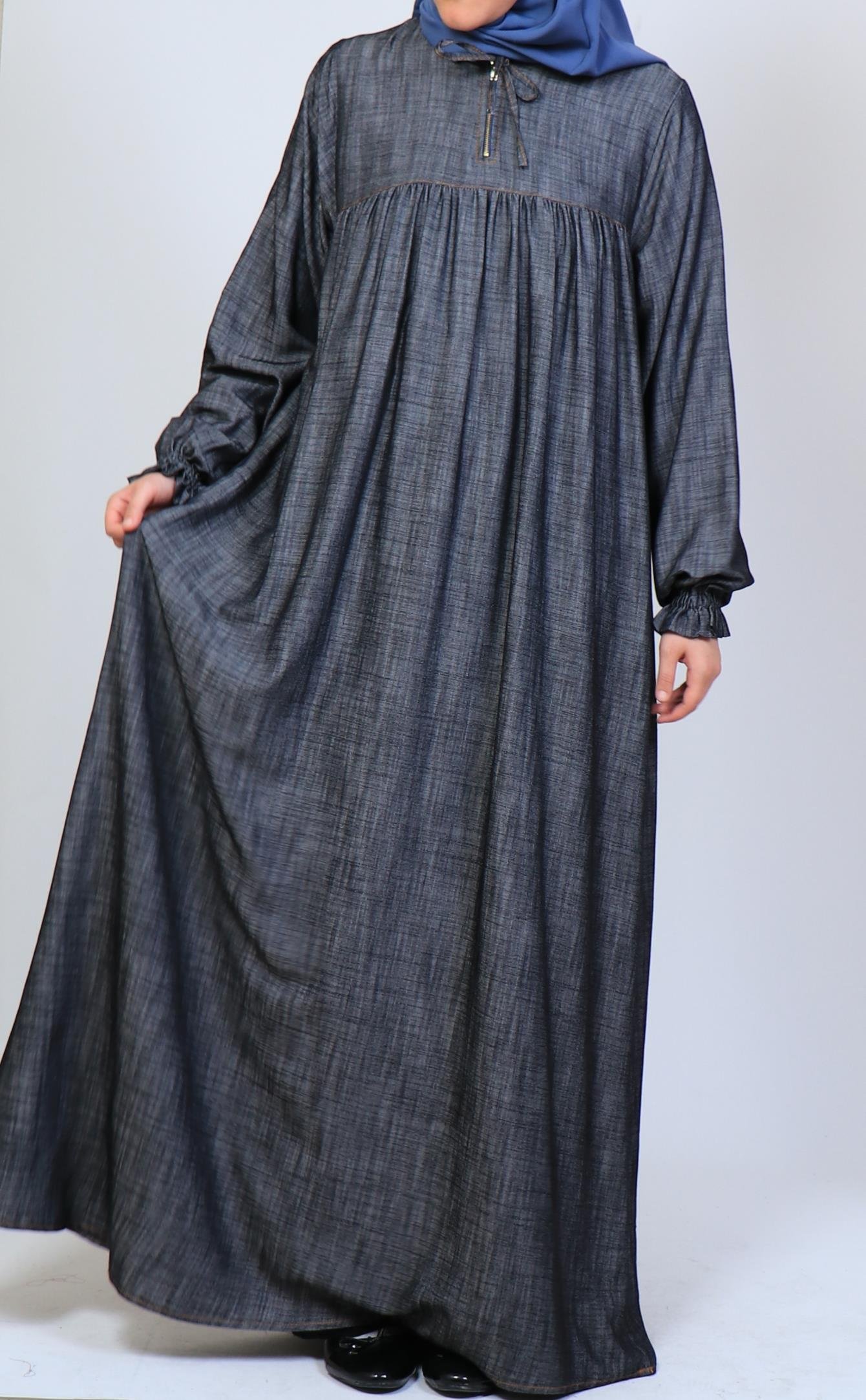 Büzgü Robalı Kot Elbise - Siyah Elbise