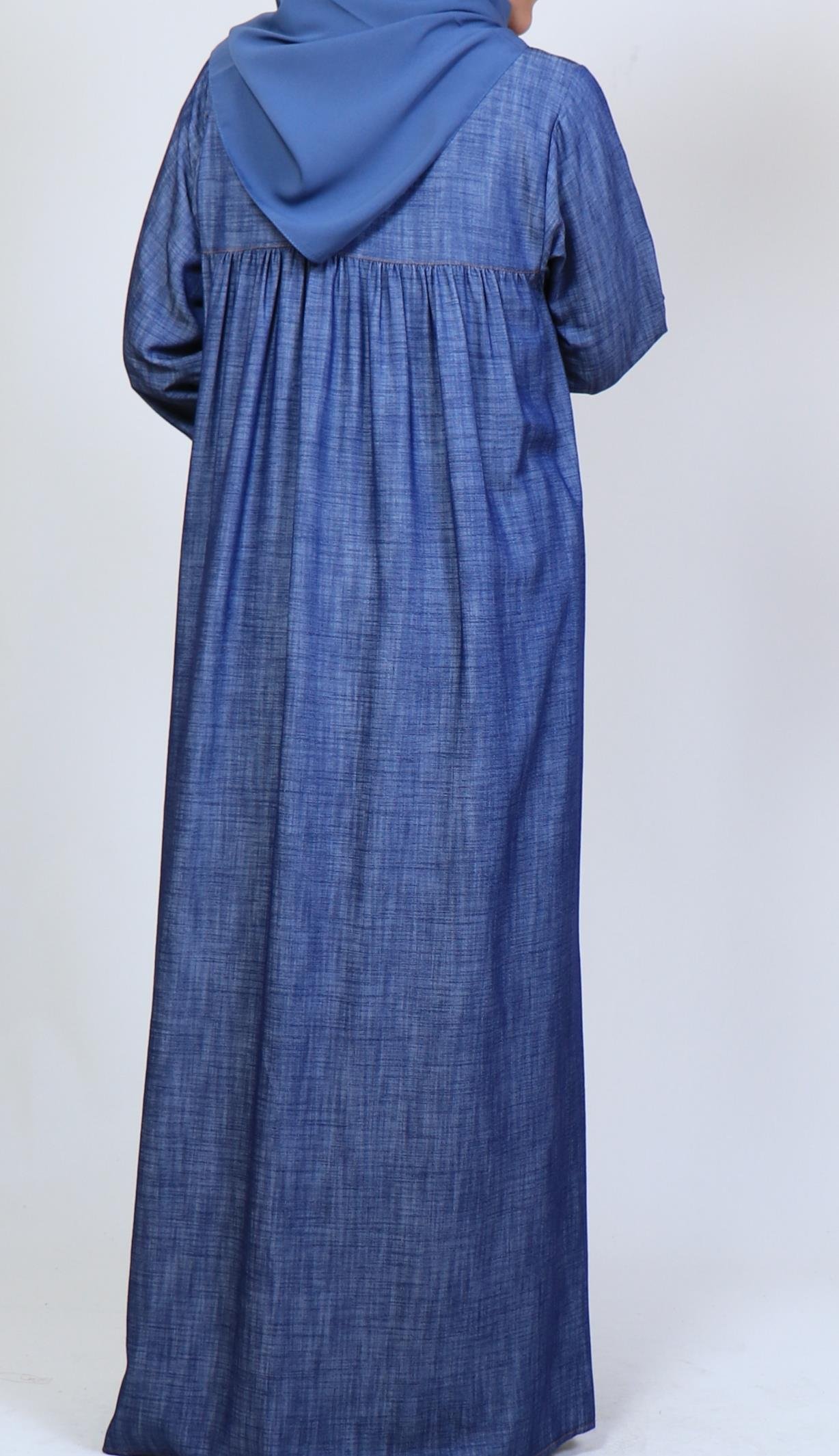 Büzgülü Robalı Kot Elbise - Mavi Elbise