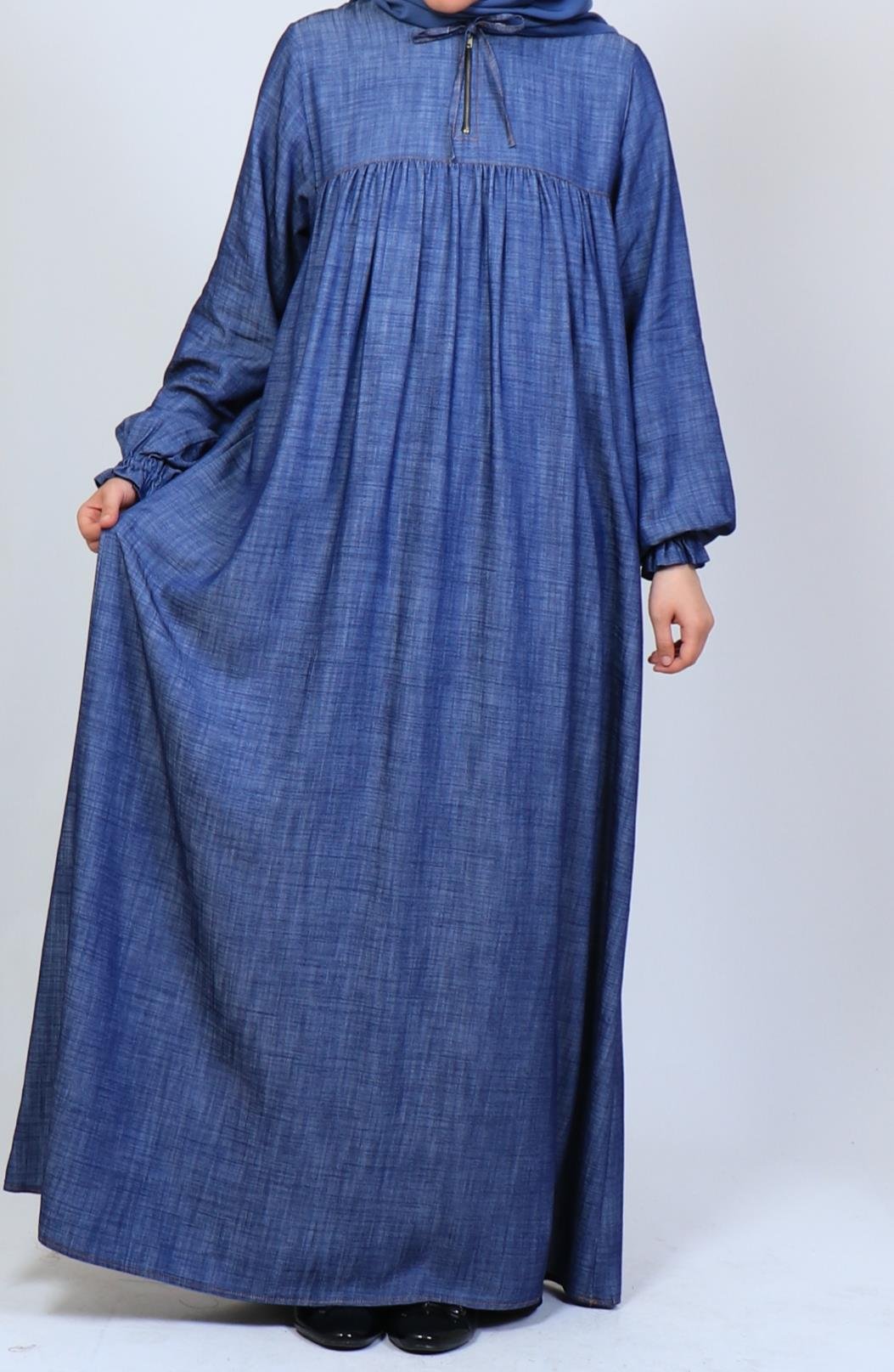 Büzgülü Robalı Kot Elbise - Mavi Elbise