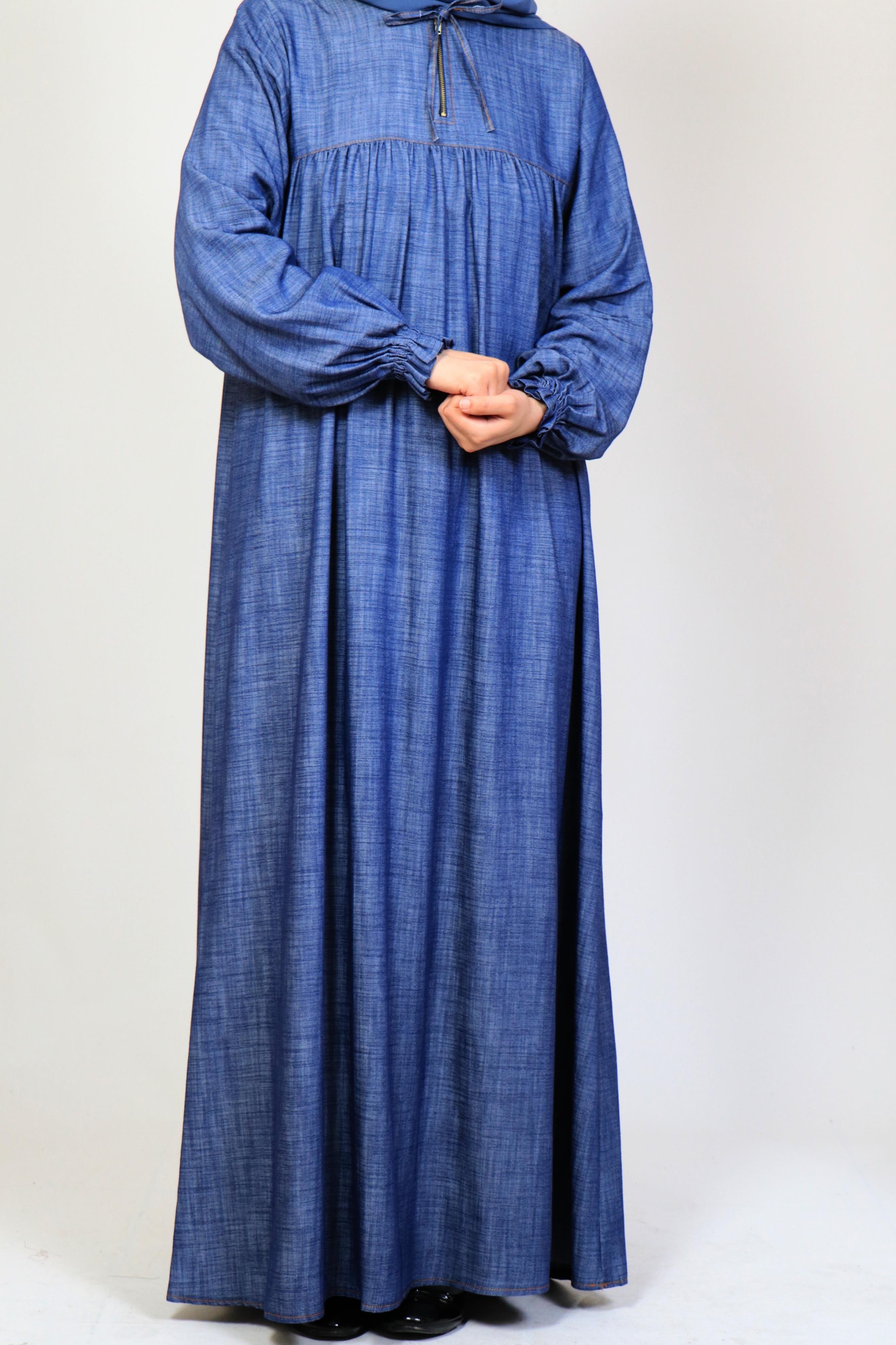 Büzgülü Robalı Kot Elbise - Mavi Elbise