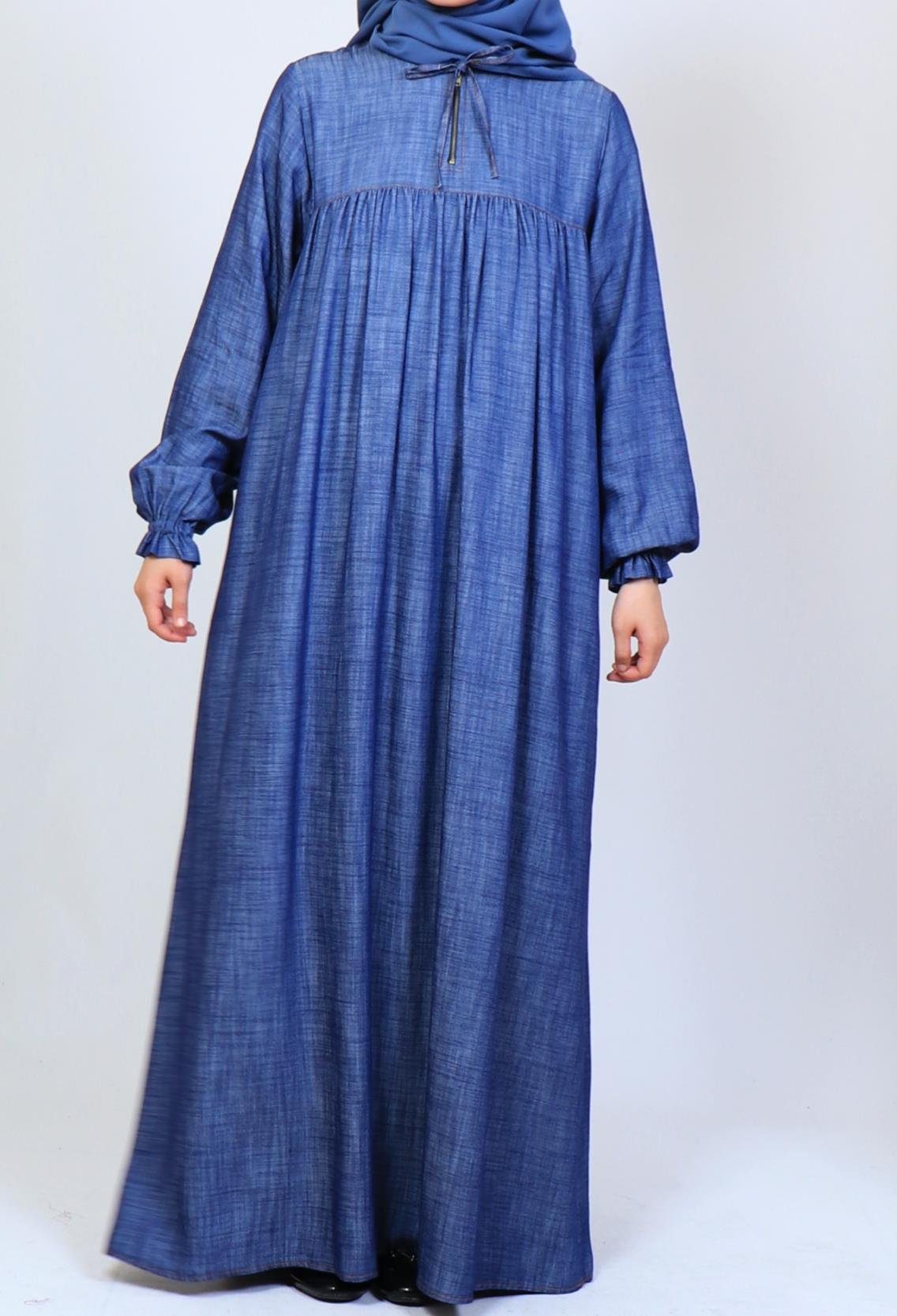 Büzgülü Robalı Kot Elbise - Mavi Elbise