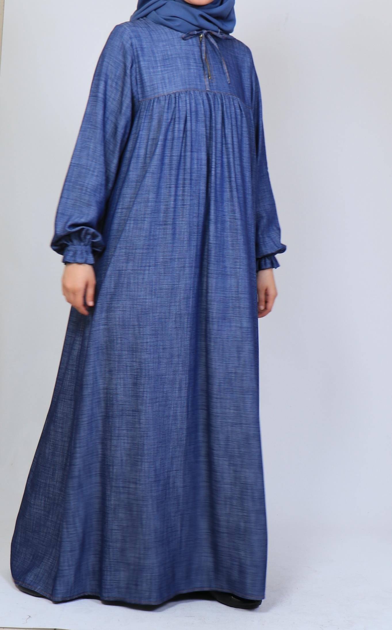 Büzgülü Robalı Kot Elbise - Mavi Elbise