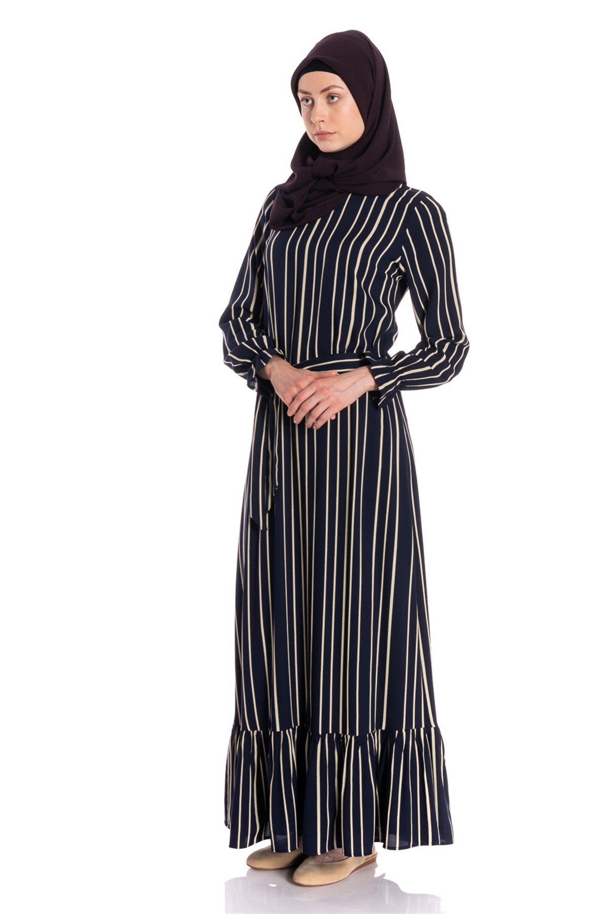 Etek Fırfırlı Çizgili Elbise Dresses