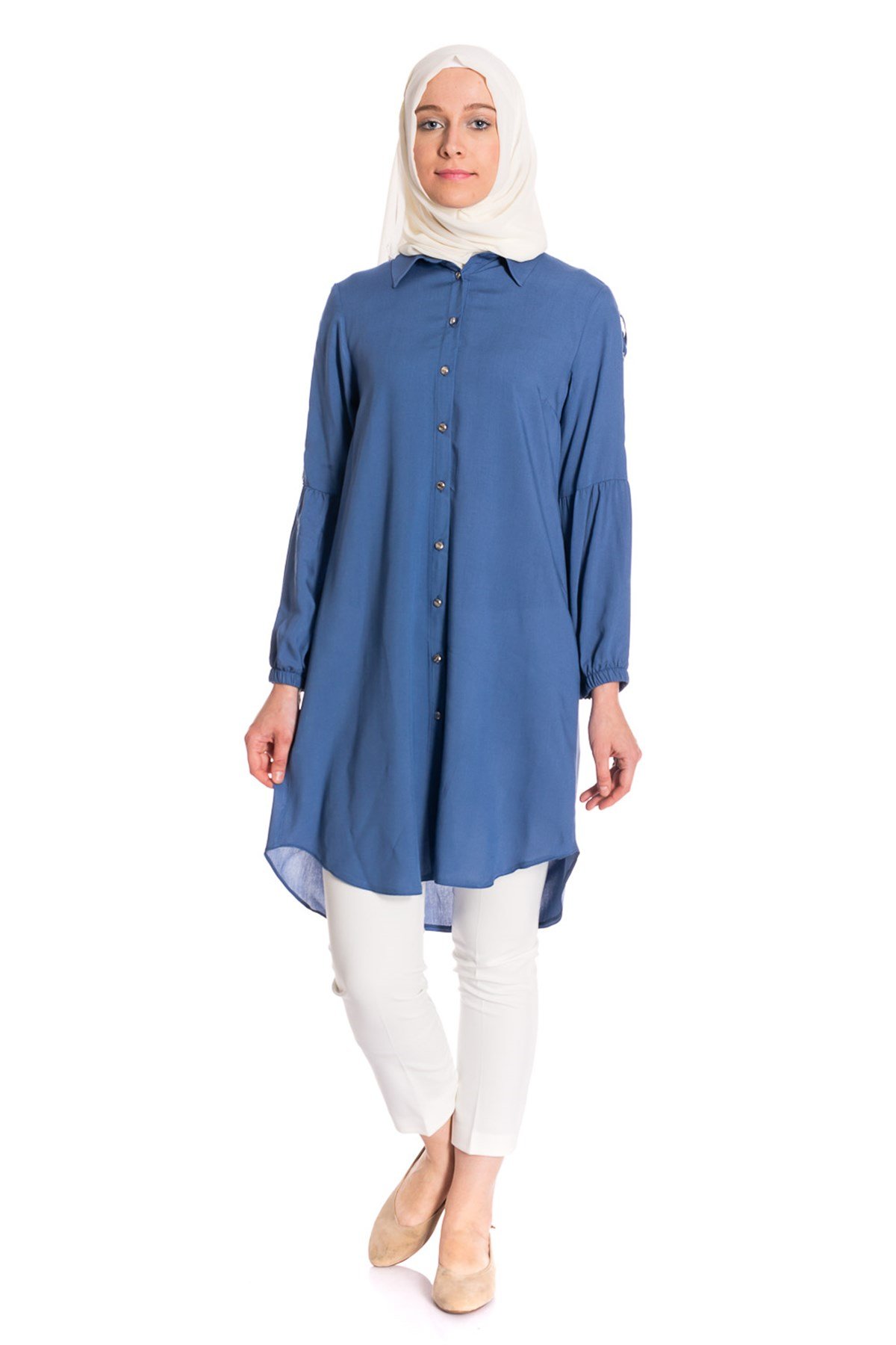 Gömlek Yaka Düğmeli İndigo Tunik Tunik