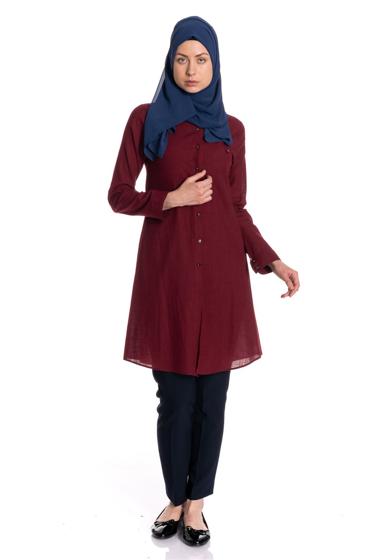 Gömlek Yaka Fleto Cep Bordo Keten Tunik Tunik
