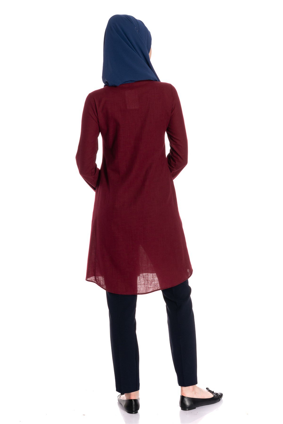 Gömlek Yaka Fleto Cep Bordo Keten Tunik Tunik