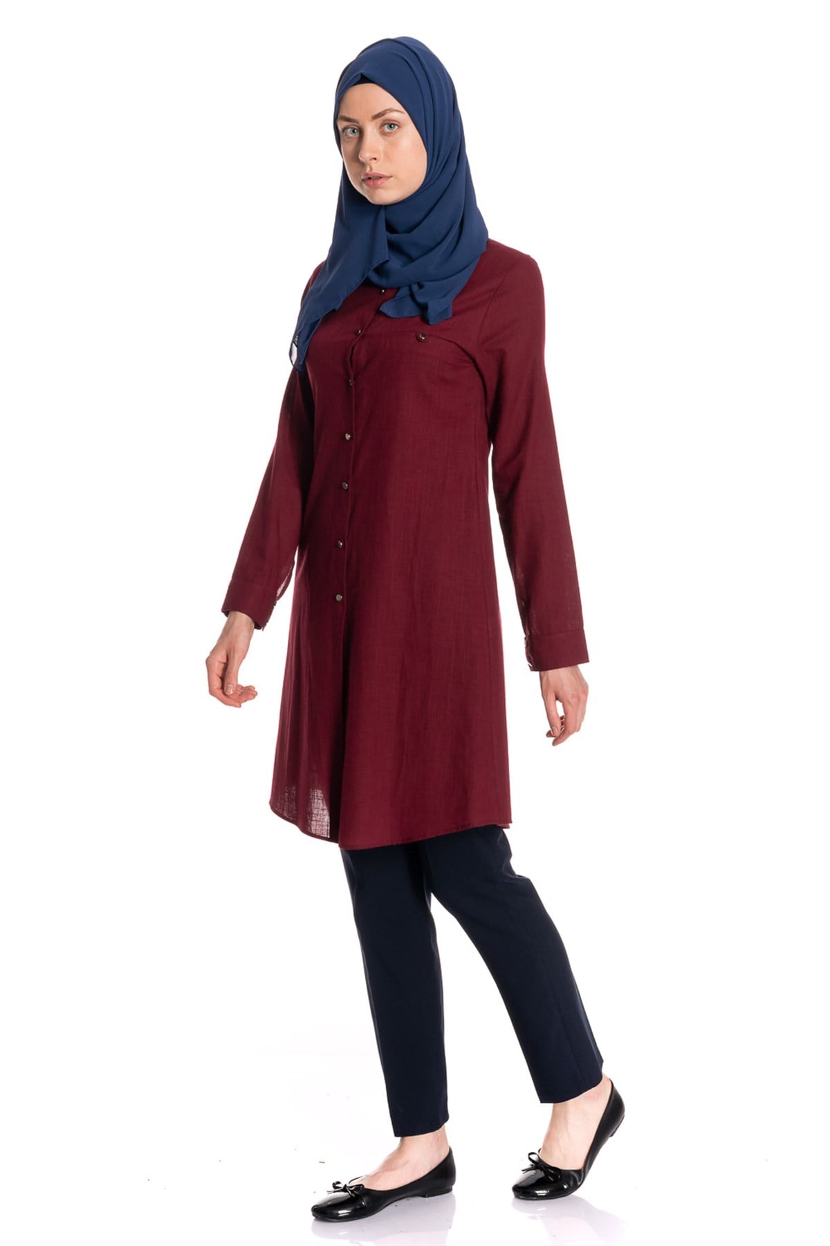 Gömlek Yaka Fleto Cep Bordo Keten Tunik Tunik