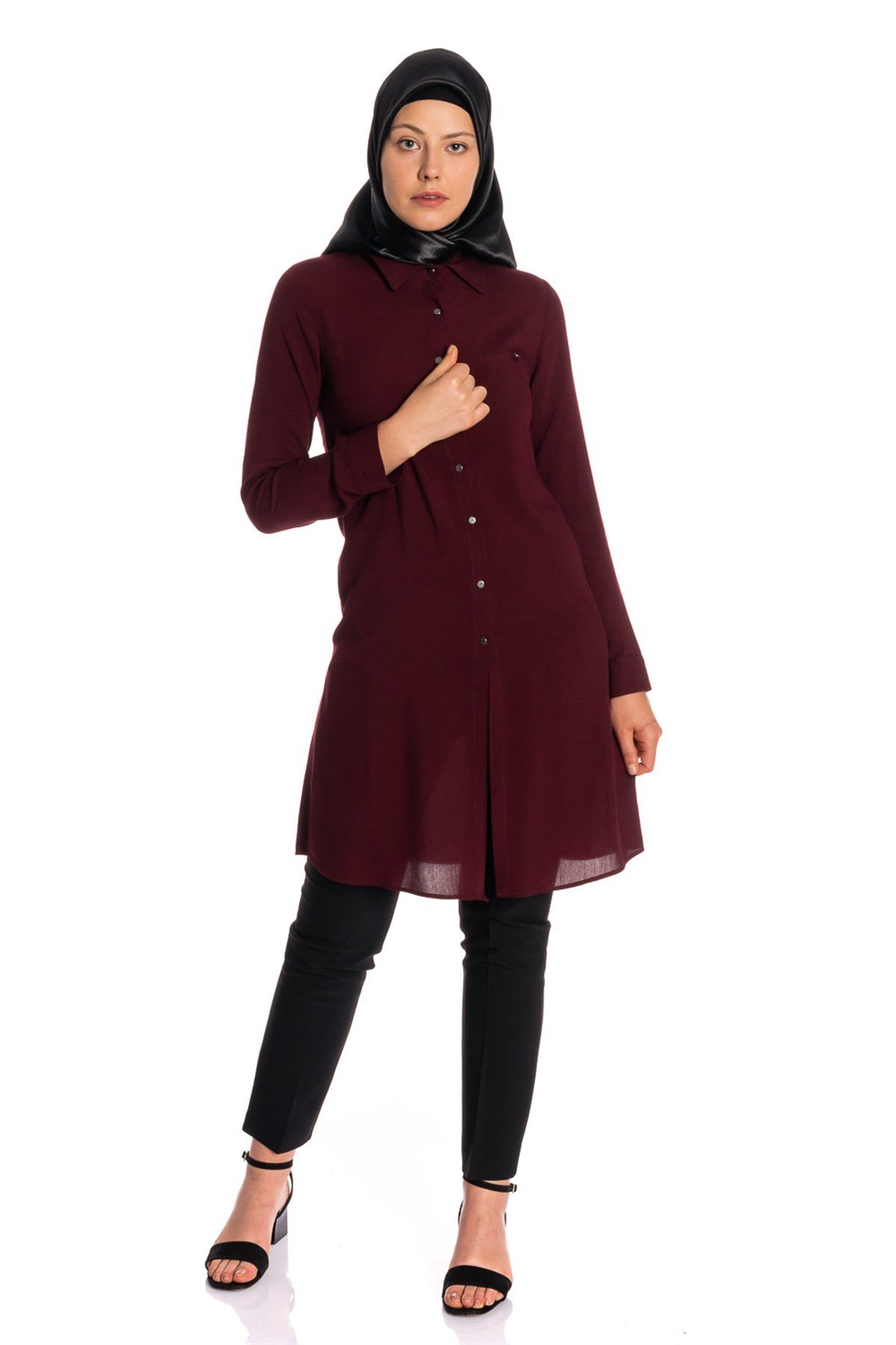 Gömlek Yaka Fleto Cep Bordo Tunik Tunik