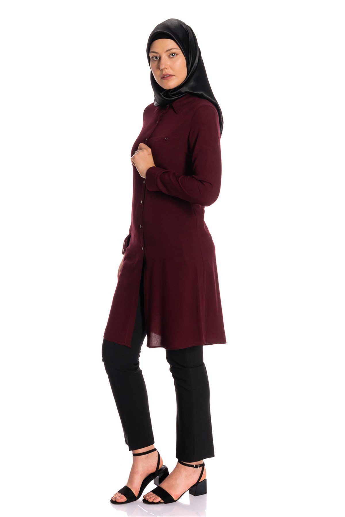 Gömlek Yaka Fleto Cep Bordo Tunik Tunik