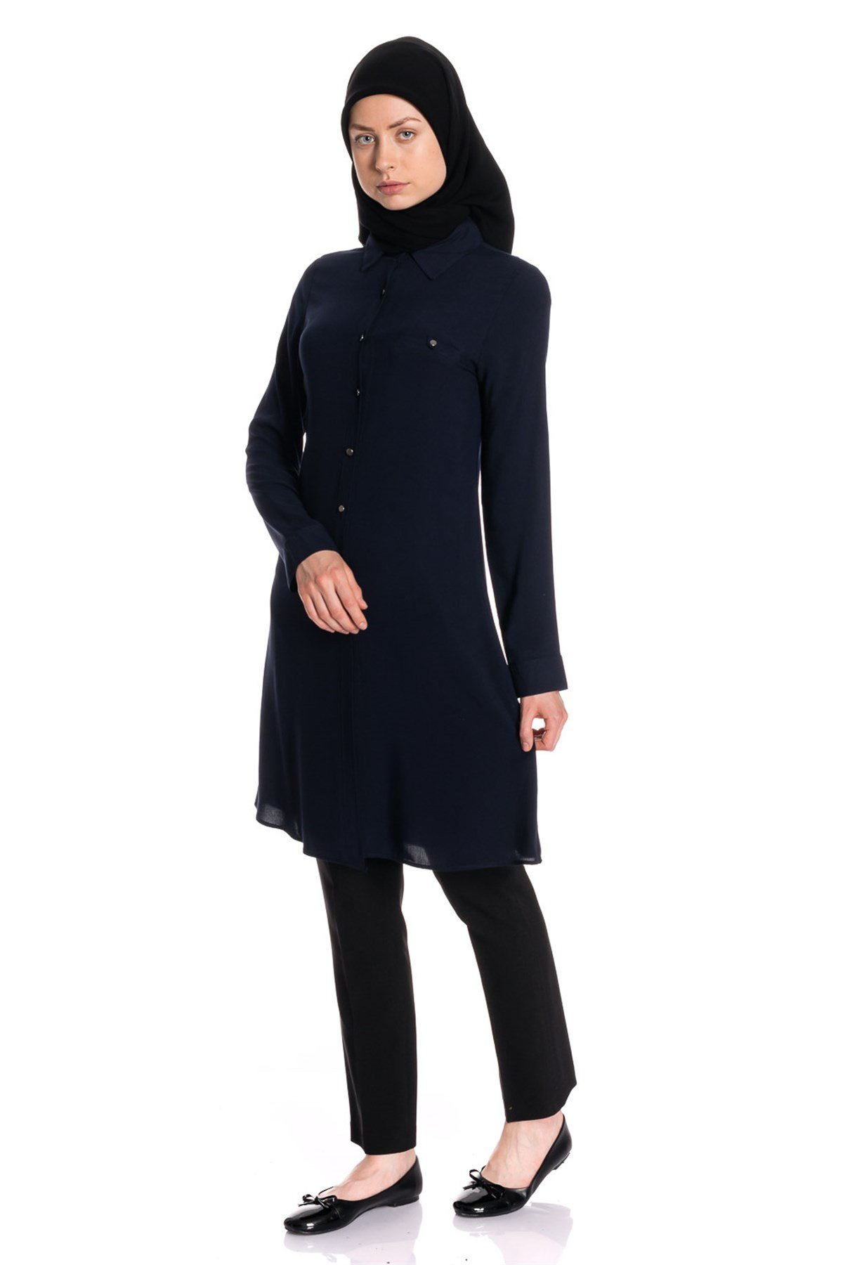 Gömlek Yaka Fleto Cep Lacivert Tunik Tunik