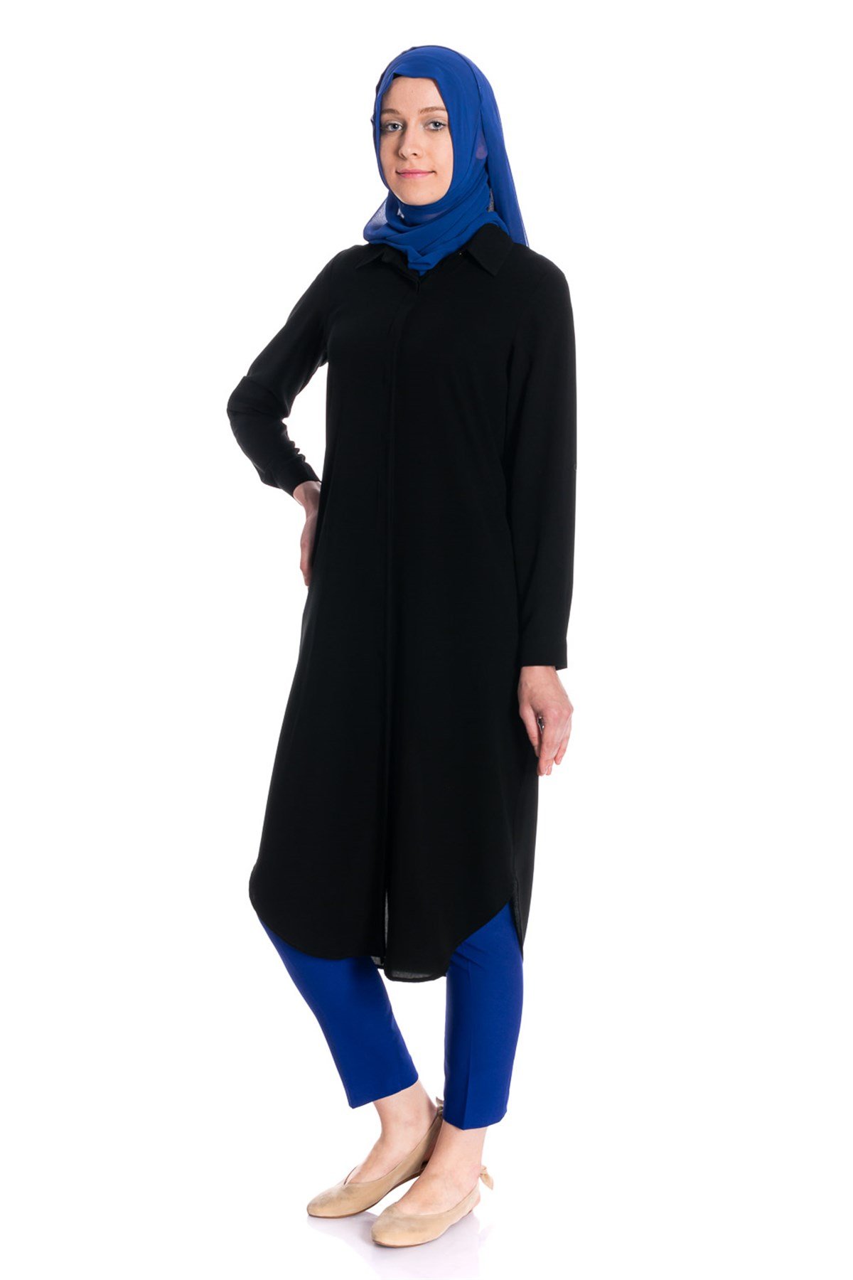 Gömlek Yaka Gizli Patlı Siyah Tunik Tunik