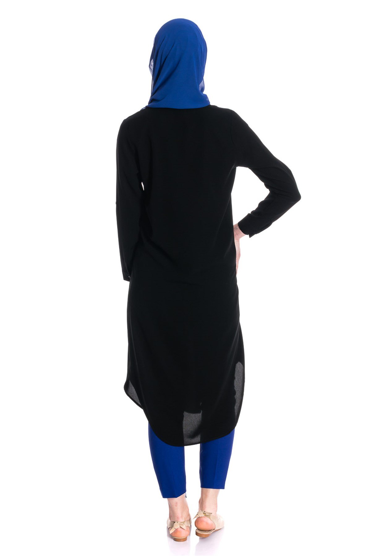 Gömlek Yaka Gizli Patlı Siyah Tunik Tunik