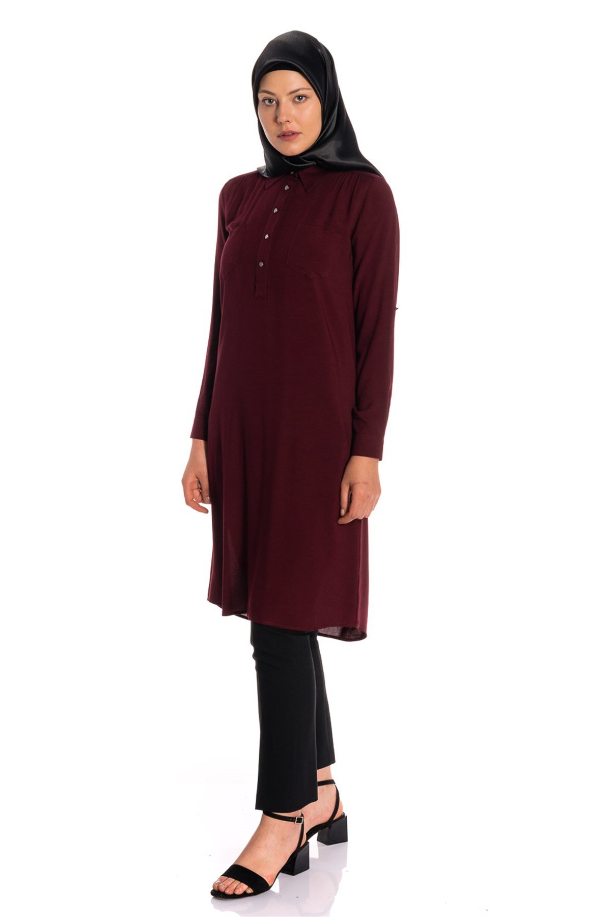 Gömlek Yaka Yarım Patlı Bordo Tunik Tunik