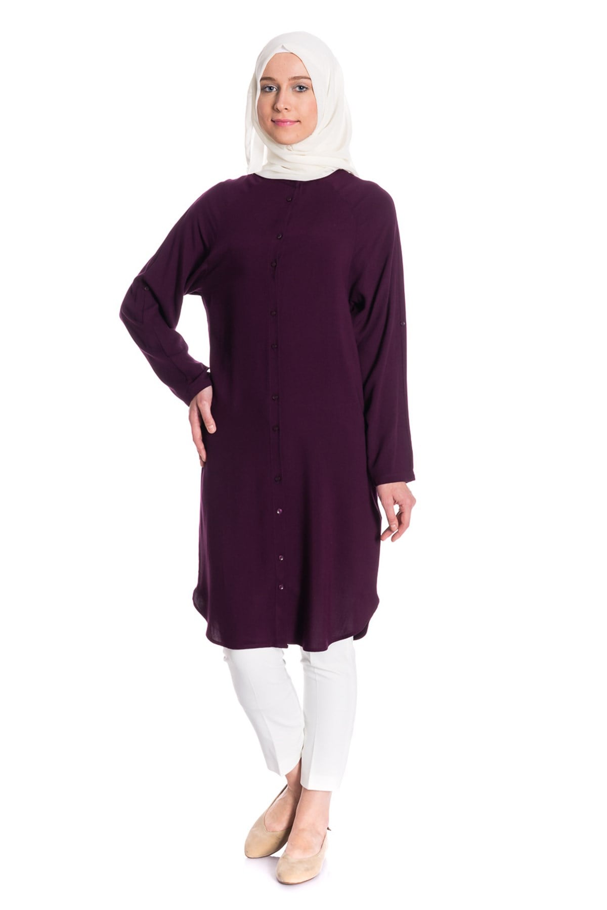 Hakim Yaka Düğmeli Mürdüm Tunik Tunik