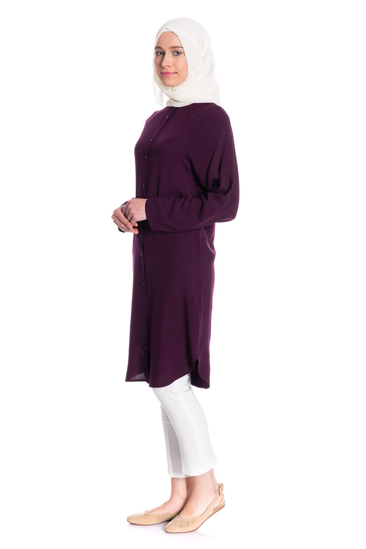 Hakim Yaka Düğmeli Mürdüm Tunik Tunik