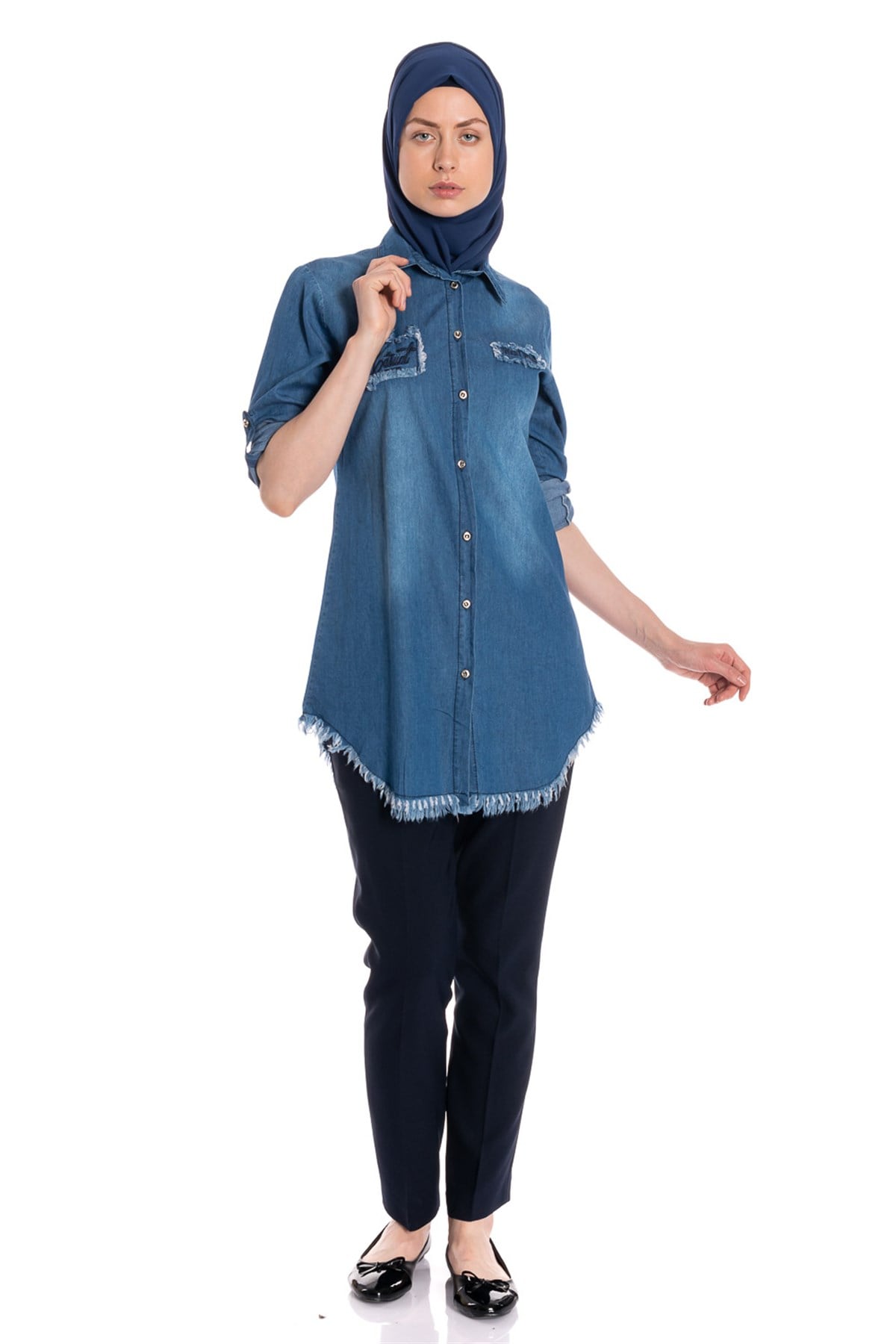Kolları Katlanabilir Kot Gömlek Gömlek