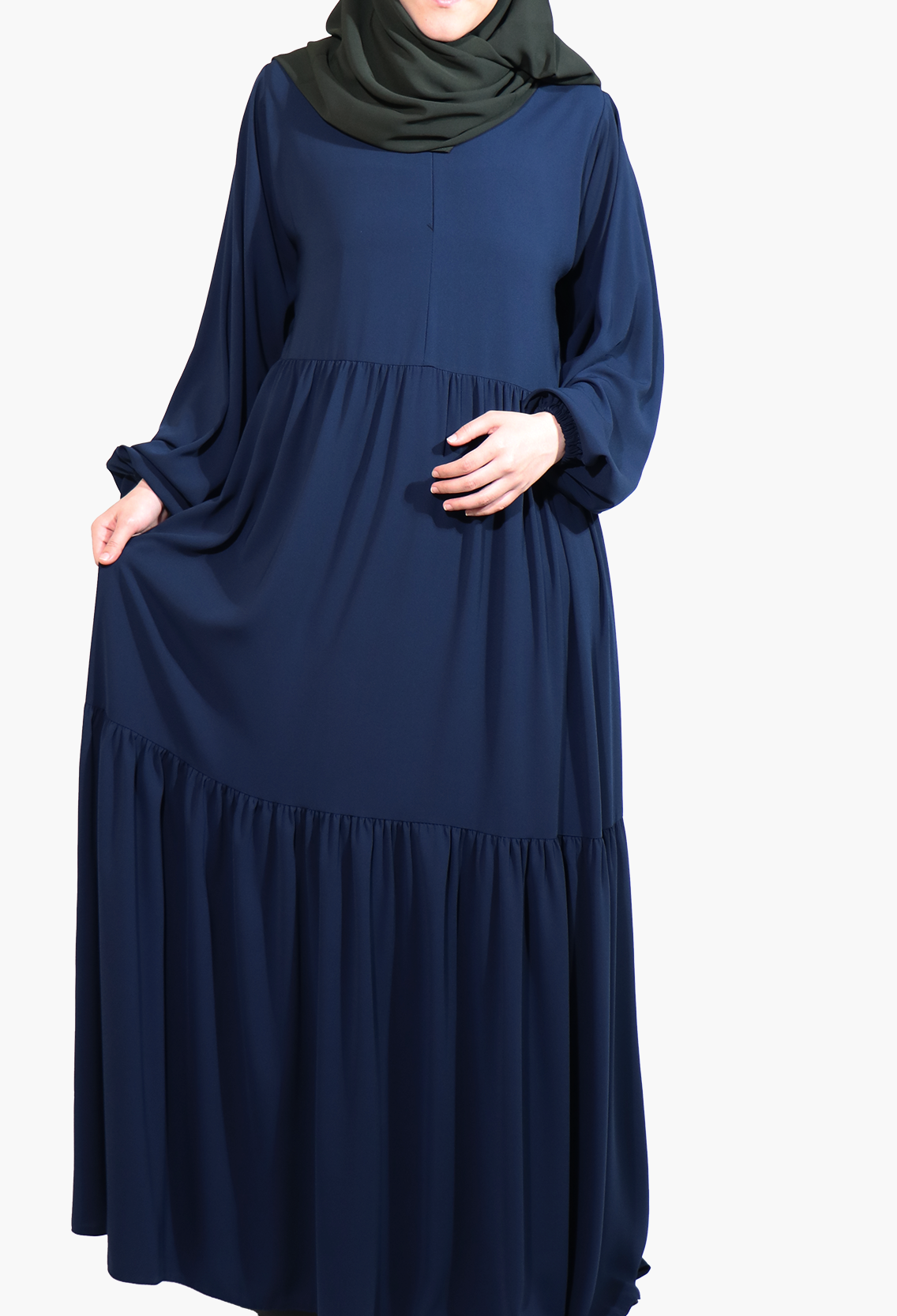 MEDİNE İPEĞİ İKİ KATLI  ELBİSE - LACİVERT Elbise