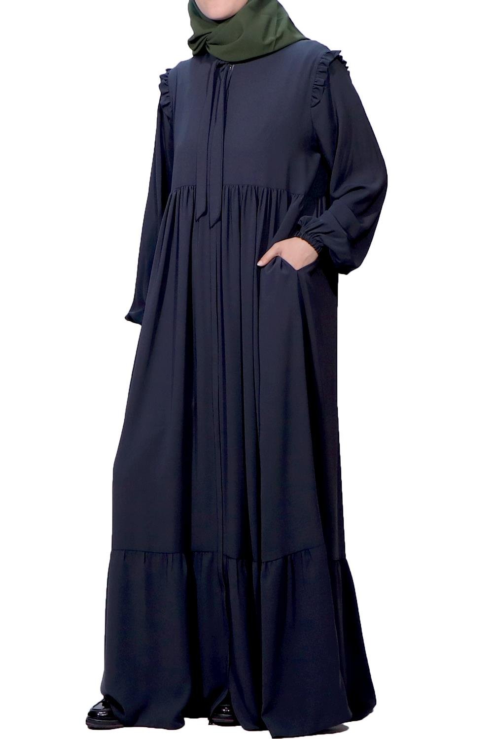 MEDİNE İPEĞİ  OMUZ  FIRFIRLI BÜZGÜLÜ FERACE - SİYAH Ferace