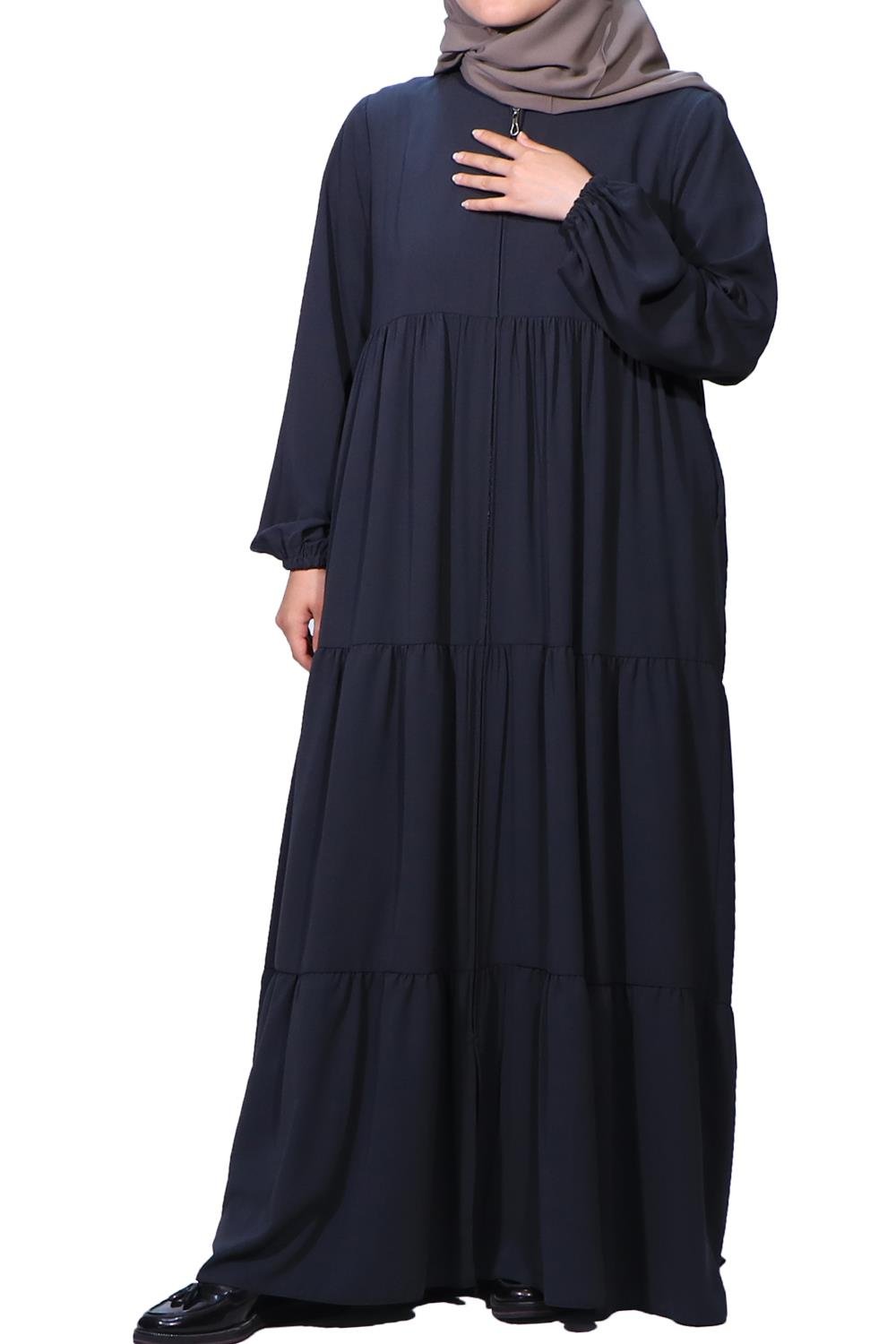 Medine İpeği Üç Kat Büzgülü Ferace-Füme Ferace