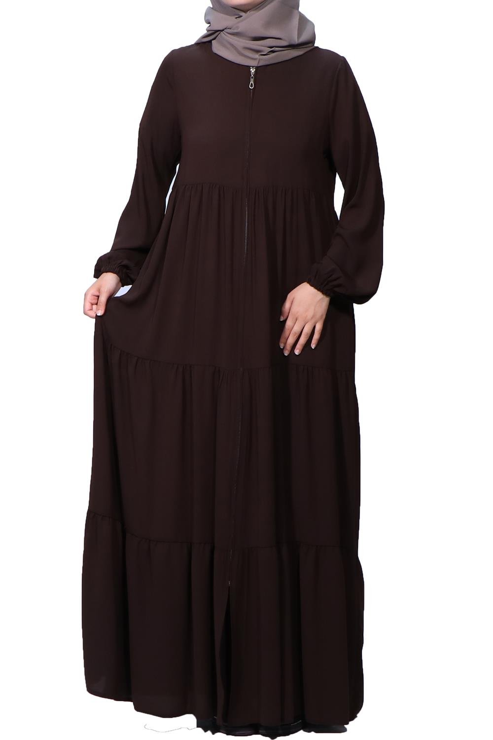 Medine İpeği Üç Kat Büzgülü Ferace - Kahverengi Ferace