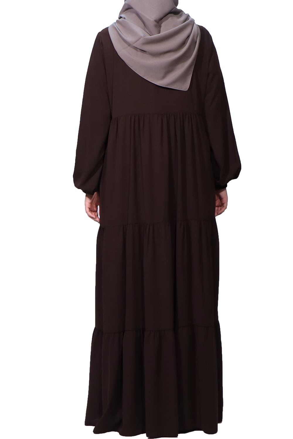 Medine İpeği Üç Kat Büzgülü Ferace - Kahverengi Ferace