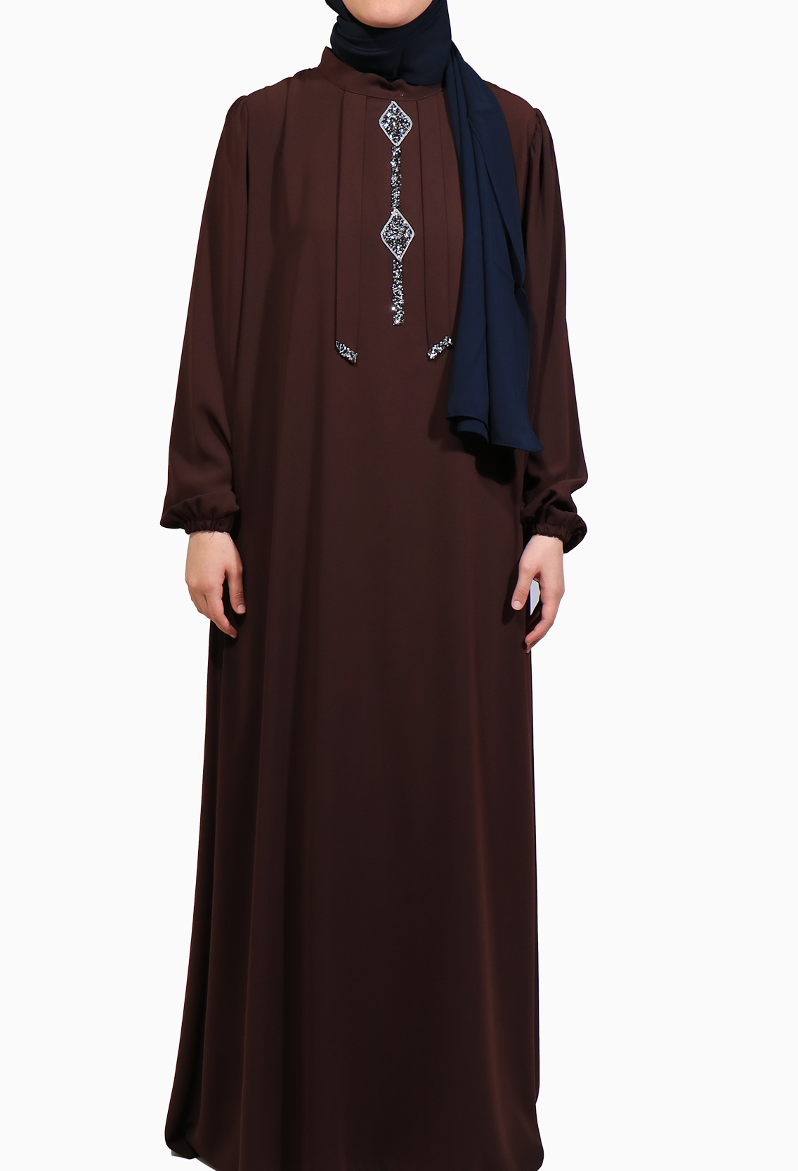 TAŞLI ÇAN ELBİSE MEDİNE İPEĞİ -KAHVE  Elbise