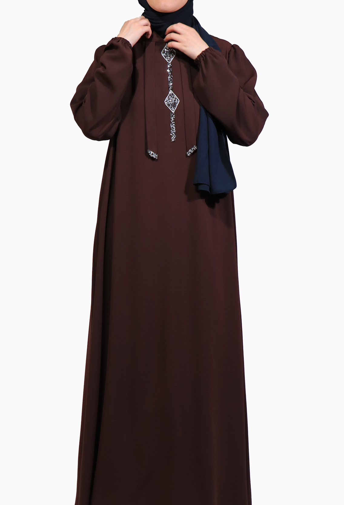 TAŞLI ÇAN ELBİSE MEDİNE İPEĞİ -KAHVE  Elbise